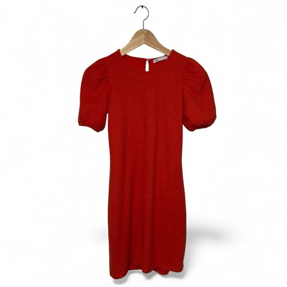 ZARA Red Tweed‎ Textured Puff Sleeve Mini Dress Women Size S